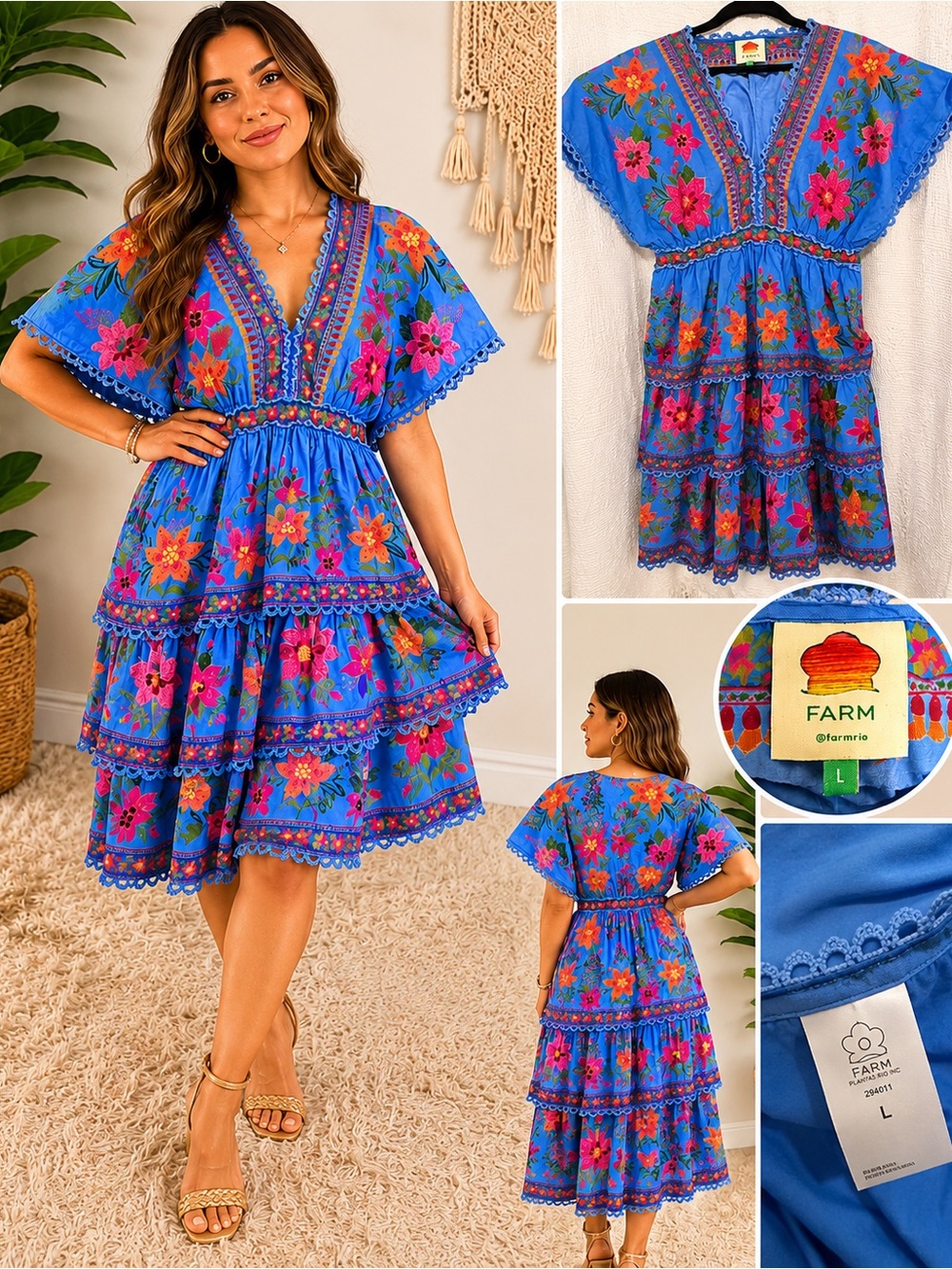 FARM Rio Blue Floral Embroidered Tiered Mini Dress